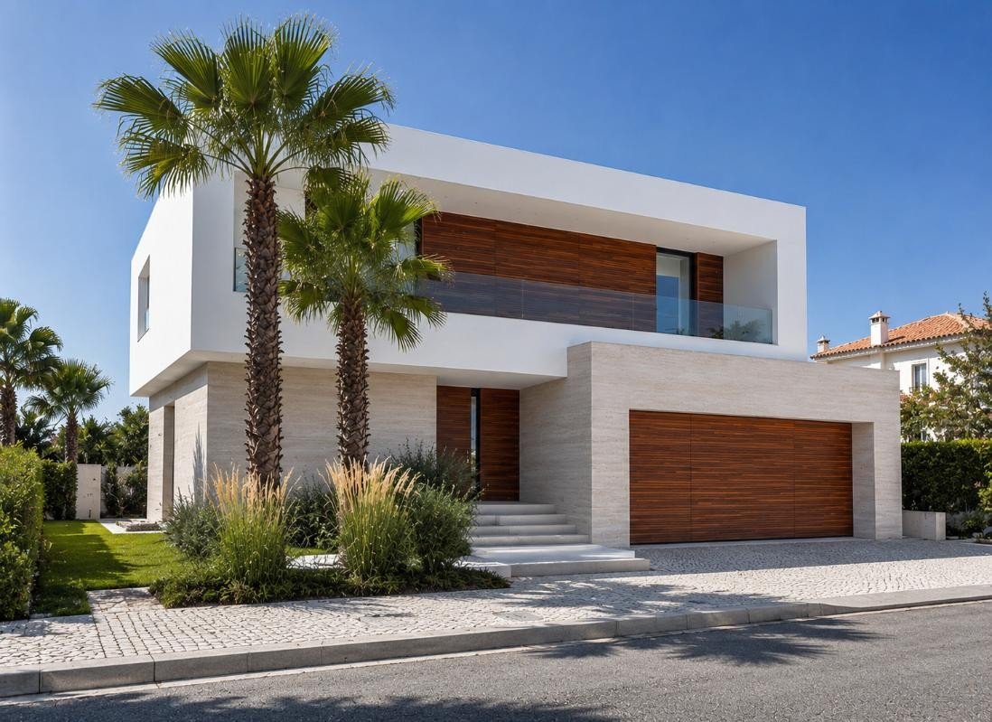Vivienda unifamiliar blanca con fachada de madera, acceso ajardinado y palmeras