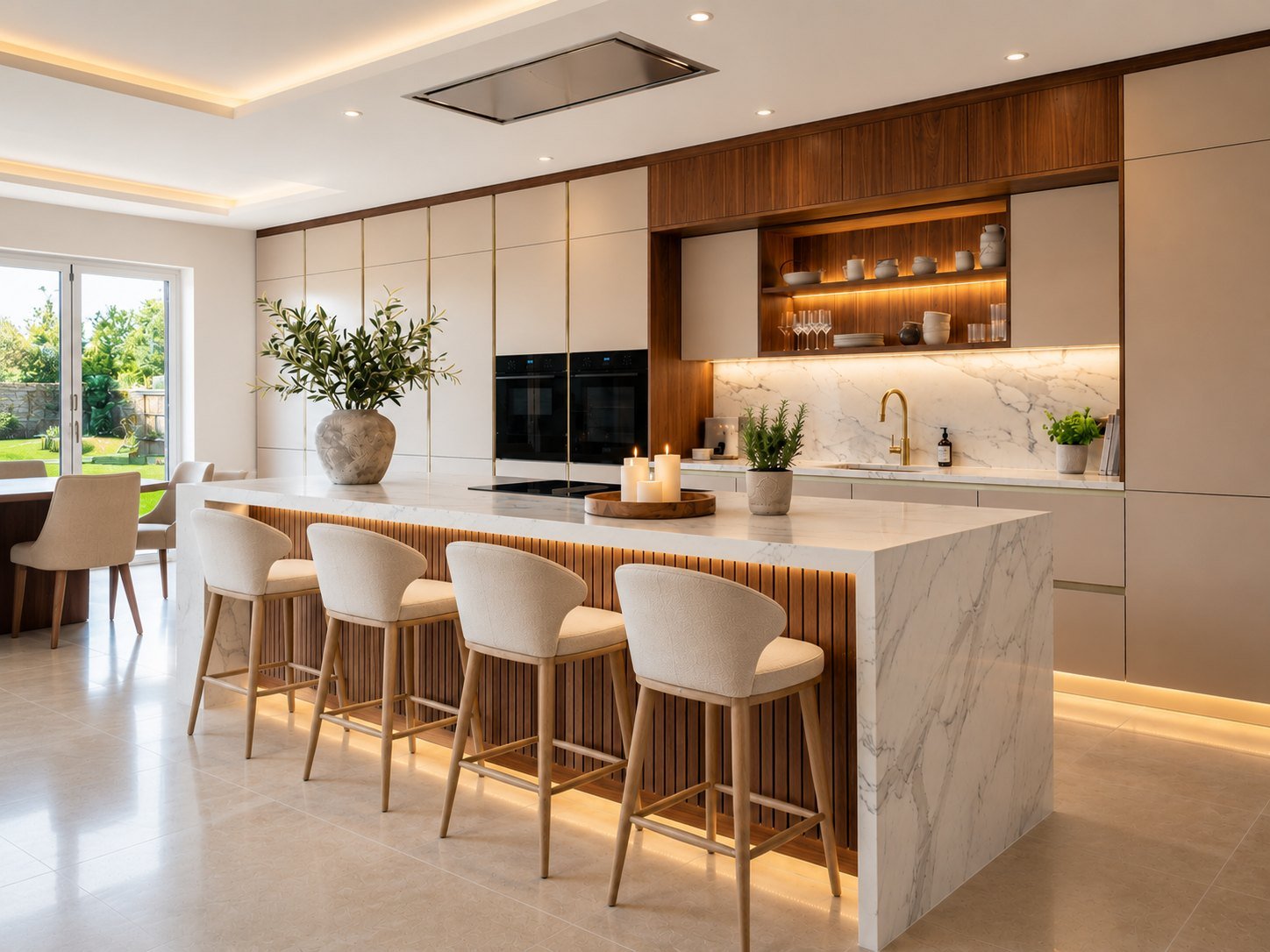 Interior luminoso de salón y cocina de planta abierta con suelo de roble y grandes ventanales hacia el jardín